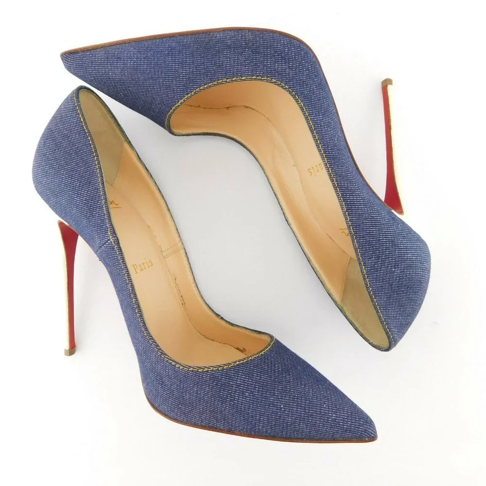 CHRISTIAN LOUBOUTIN Denim Blue Jean White Leather Stiletto Heel Pumps 38